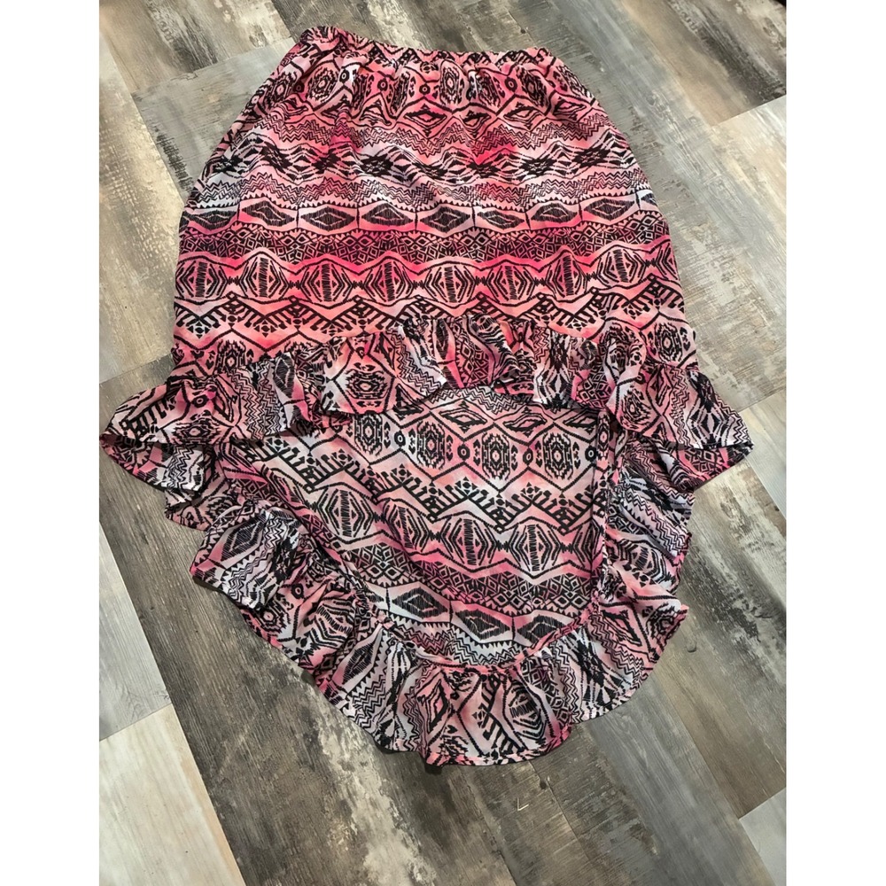 Knit Works Pink Black Tribal Geometric High Low Ruffle Skirt XL 18.5